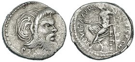 VIBIA. Denario. Roma (48 a.C.). A/ Máscara de Pan a der., debajo: PANSA. R/ Júpiter sentado a izq. con pátera y cetro. FFC-1219. SB-18. MBC-/BC+.