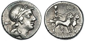 VOLTEIA. Denario. Roma (78 a.C.). R/ Cibeles en biga de leones a der.; encima letras griegas. FFC-1232. SB-4. Rayita. MBC.