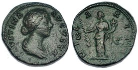 FAUSTINA HIJA. As. Roma (161-176). A/ Busto drapeado a der. R/ La Hilaritas sosteniendo palma y cornucopia; HILARITAS, S.C. CH-113. RIC-1643. Pátina r...
