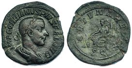 GORDIANO III. Sestercio. Roma (243-244). A/ Busto laureado y drapeado a der. R/ Fortuna sentada a izq. sosteniendo timón sobre globo y cornucopia. RIC...