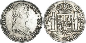 8 reales. 1825. Potosí. JL. VI-1148. Finas rayitas. MBC-/MBC.