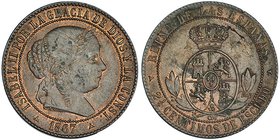 2 1/2 céntimos de escudo. 1867. Segovia. OM. VI-192. Leves oxidaciones. R.B.O. EBC-.