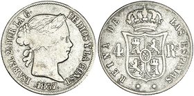 4 reales. 1857. Sevilla. VI-419. MBC-. Muy escasa.