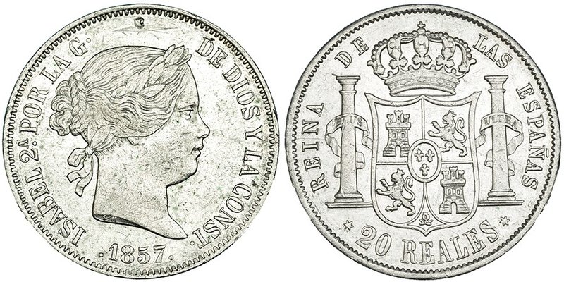 20 reales. 1857. Madrid. VI-513. Punzón en anv. y pequeñas marcas. MBC+.