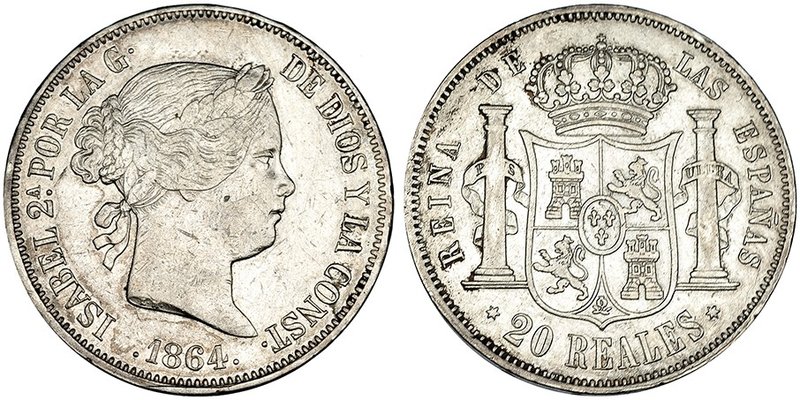 20 reales. 1864. Madrid. VI-520. Pequeñas marcas. MBC. Escasa.