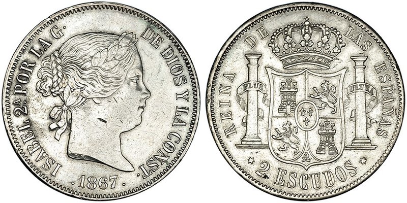 2 escudos. 1867. Madrid. VI-538. Pequeñas marcas. Ligeramente abrillantada. MBC+...
