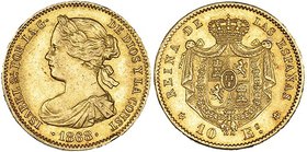 10 escudos. 1868*18-68. Madrid. VI-668. Golpecito en canto. EBC-.