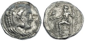 MACEDONIA. Alejandro III. Tetradracma. Tiro (332-327 a.C.). A/ Cabeza de Herakles con leonté a der. R/ Zeus entronizado a izq. con águila y cetro; baj...