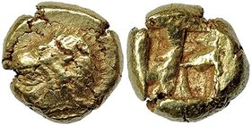 JONIA. Eritras. Hecte (550-500 a.C.). A/ Cabeza de Herakles con leonté a izq. R/ Cuatripartito incuso. AU 2,57 g. SNG Kay. 737/8. Pequeñas grietas. MB...