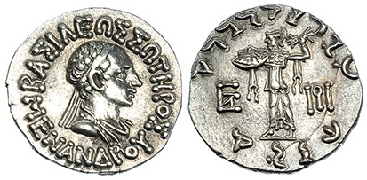 BACTRIA. Menandro I. Dracma (c. 150-130 a.C.). A/ Busto diademado y drapeado a d...