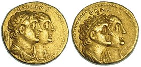 EGIPTO. Ptolomeo III. Tetradracma (272-260 a.C.). A/ Bustos de Ptolomeo II y Arsínoe II a der. Encima ADELFWN, detrás escudo. R/ Bustos de Ptolomeo I ...