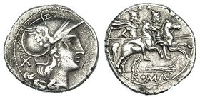 ACUÑACIONES ANÓNIMAS. Denario. Sudeste de Italia (208 a.C.). A/ Cabeza de Roma a der., detrás X. R/ Dióscuros cabalgando a der., encima estrellas, deb...