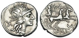 ACUÑACIONES ANÓNIMAS. Denario. Roma (143 a.C.). R/ Diana en biga arrastrada por ciervos a der.; debajo creciente. CRAW-222.1. FFC-82. SB-101. Grafito ...