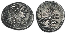 AELIA. Denario. Roma (92 a.C.). A/ Cabeza de Diana a der., delante letra D, detrás BALA. R/ Diana en biga arrastrada por ciervos a der.; debajo cabeza...