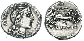 ANNIA. Denario. Hispania (82-81 a.C.). A/ Cabeza de Anna Perenna, debajo marca balanza. R/ Victoria en biga a der.; debajo letra Q. CRAW-366.4c. FFC-1...