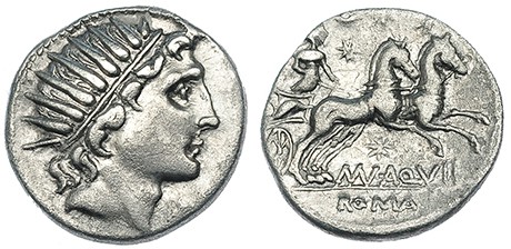 AQUILIA. Denario. Sur de Italia (109-108 a.C.). A/ Cabeza radiada del Sol a der....