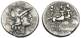 AURELIA. Denario. Roma (139 a.C.). A/ Cabeza de Roma a der., delante COTA. R/ Hércules con maza en biga arrastrada por centauros con palmas a der. Deb...