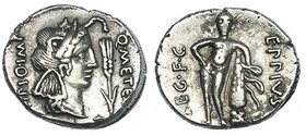 CAECILIA. Denario. África (47-46 a.C.). A/ Cabeza de África a der., delante espiga y debajo arado. R/ Hércules apoyándose sobre su maza con piel de le...