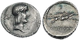 CALPURNIA. Denario. Roma (90-89 a.C.). A/ Cabeza de Apolo. R/ Jinete a der., ley. L. PISO FRVG. FFC-311. MBC+.