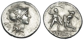 DIDIA. Denario. Ceca incierta (113-112 a.C.). A/ Cabeza de Roma. R/ Dos gladiadores luchando. En exergo T. DEIDI. CRAW-294.1. FFC-675. SB-2. Pequeñas ...