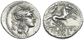 JUNIA. Denario. Roma (91 a.C.). A/ Cabeza de Roma, detrás monograma RA. R/ Victoria en biga; ley. D. SILANVS L.F. CRAW-337.3a. FFC-789. SB-15. MBC+.