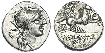 JUNIA. Denario. Roma (91 a.C.). Similar a la anterior, pero en anv. letra C. MBC...