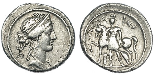 LICINIA. Denario. Roma (55 a.C.). A/ Cabeza de Venus. R/ Soldado a izq. sostenie...