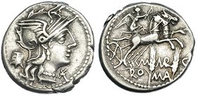 MARCIA. Denario. Roma (134 a.C.). A/ Cabeza de Roma, delante X y detrás modio. CRAW-245.1. FFC-850. SB-8. MBC.