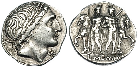 MEMMIA. Denario. Sudeste de Italia (109-108 a.C.). R/ Los Dióscuros de frente, s...