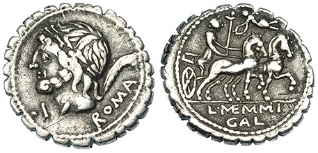 MEMMIA. Denario. Roma (106 a.C.). A/ Cabeza de Saturno a izquierda; detrás guada...