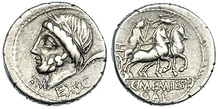 MEMMIA. Denario. Roma (87 a.C.). A/ Cabeza de Saturno a izq., detrás guadaña, de...