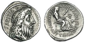 MEMMIA. Denario. Roma (56 a.C.). A/ Cabeza laureada de Rómulo a der.; leyenda C. MEMMI. C.F. QVRINVS. R/ Ceres sentada a der. con tres espigas y antor...
