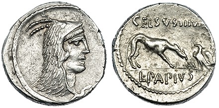 PAPIA. Denario. Roma (45 a.C.). A/ Cabeza de Juno Sospita a der. con tocado de p...