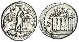 PETILLIA. Denario. Roma (43 a.C.). A/ Águila explayada sobre haz de rayos. R/ Templo hexástilo. En campo a los lados S - F. CRAW-487.2.b. FFC-962. SB-...