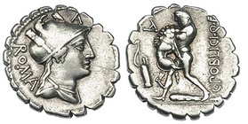 POBLICIA. Denario. Roma (80 a.C.). A/ Letra A. R/ Hércules estrangulando al león de Nemea, debajo maza y a izq. carcaj. Encima A. CRAW- 380.1. FFC-101...