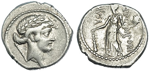 POMPONIA. Denario. Roma (66 a.C.). A/ Marca cetro. R/ Melpómene con mazo y másca...