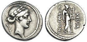 POMPONIA. Denario. Roma (66 a.C.). A/ Marca plectrum. R/ Tepsícore a der. con lira y plectrum. A izq. Q. POMPONI y a der. MVSA. CRAW-410.7b. FFC-1042....
