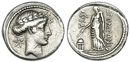 POMPONIA. Denario. Roma (66 a.C.). A/ Marca estrella. R/ Urania a izq. tocando g...