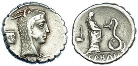 ROSCIA. Denario. Italia central (64 a.C.). A/ Cabeza de Juno Sospita a der., detrás símbolo. R/ Sacerdotisa alimentando serpiente, detrás símbolo. CRA...