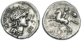SERGIA. Denario. Norte de Italia (116-115 a.C.). A/ Cabeza de Roma a der., detrás ROMA y signo de valor; delante EX S.C. CRAW.-286.1. FFC-1111. SB-1. ...