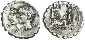 SULPICIA. Denario. Roma (106 a.C.). A/ D. P. P. R/ Dos hombres jurando sobre un cerdo, encima letra V. CRAW-312.1a. FFC-1133. SB-1. MBC.