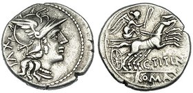 TITINIA. Denario. Roma (141 a.C.). A/ Marca XVI. R/ Victoria en biga a der.; debajo C. TITIN y en exergo ROMA. CRAW-226 (var.). FFC-1145. SB-7. MBC.