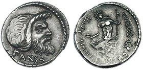 VIBIA. Denario. Roma (48 a.C.). A/ Máscara de Pan a der., debajo PANSA. R/ Júpiter sentado a izq. con pátera y cetro. CRAW-449-1a. FFC-1219. SB-18. Le...