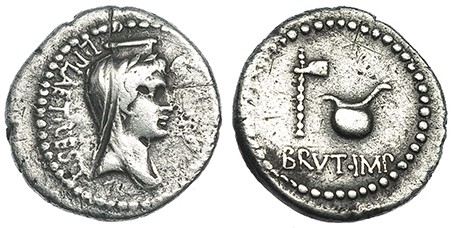 BRUTO. Denario. Grecia (43-42 a.C.). A/ Busto de Ceres a der. laureado y velado,...