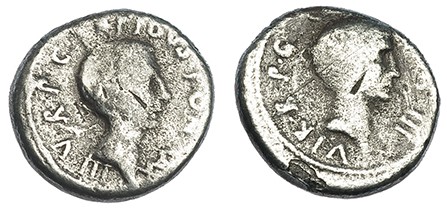 LÉPIDO Y OCTAVIO (AUGUSTO). Denario. Galia (42 a.C.). A/ Cabeza de Lépido a der....