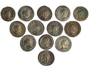 13 antoninianos de Diocleciano. Cecas: Antioquía (6), Cízico (6), Trípoli (1), la mayoría con R. P. O. MBC+/EBC-.