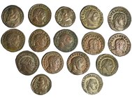 16 follis de Licinio I, módulo medio. Cecas: Alejandría (5), Antioquía (1), Arelate (2), Nicomedia (3), Roma (2), Siscia (3). De MBC a EBC-.