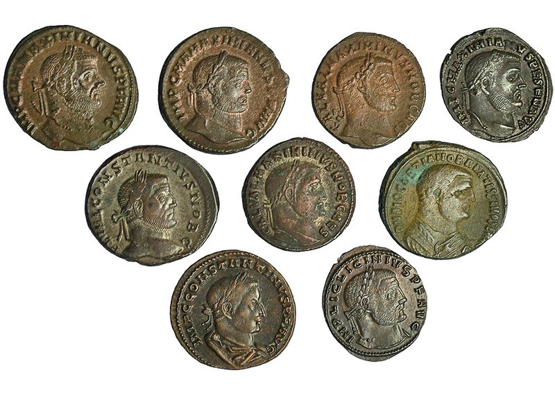 9 follis, módulo grande. Constantino I (1), Constancio Cloro (1), Diocleciano (1...