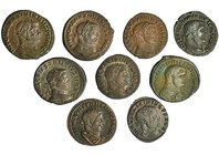 9 follis, módulo grande. Constantino I (1), Constancio Cloro (1), Diocleciano (1), Licinio I (1), Maximiano (3), Maximino (2). MBC/MBC+.