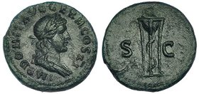 DOMICIANO. Semis. Roma (85 d.C.). A/ Busto de Apolo laureado a der. R/ Trípode con serpiente, S-C. RIC-274. Pátina verde. MBC+.